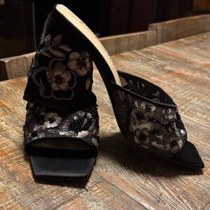 Betsey Johnson Black Floral Mules
